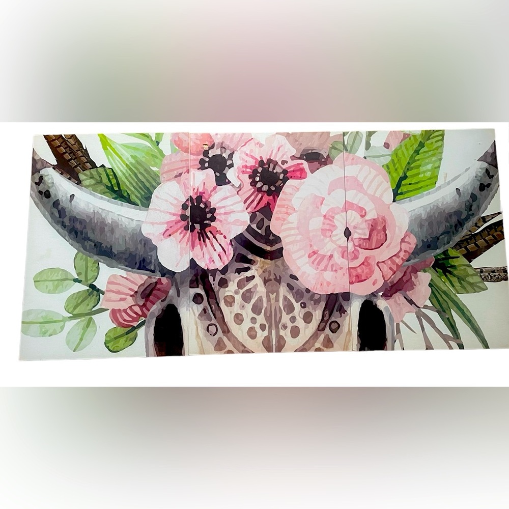 Set of 3 Printed Floral Deer Skull Wooden Hanging Panels.